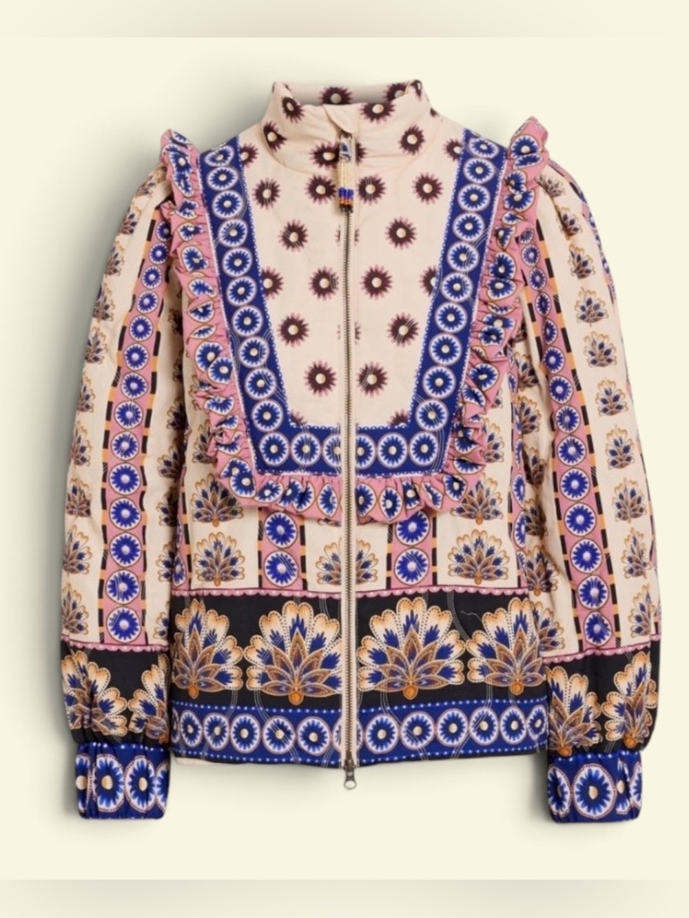 FARM Rio Cream Ainika Maxi Ruffled Floral-Print Padded Shell Jacket SZ Medium